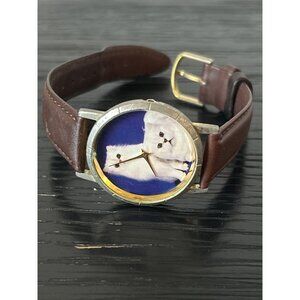 VTG Watch Cat Face Brown Leather Band Japan Stainless Steel Back READ FOR PARTS